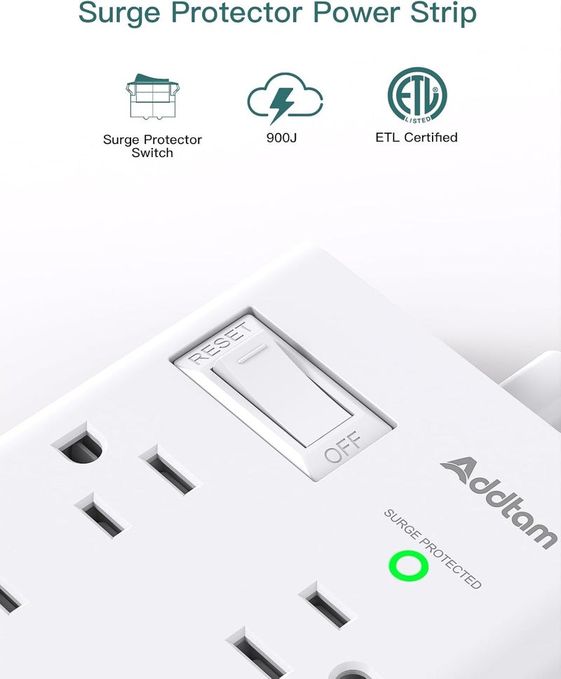 Addtam Surge Protector Power Strip, Flat Plug Extension Cord with 6 Outlet 4 USB Ports (2 USB C), 5FT Outlet Extender Strip for Home Office College Dorm Room Essentials - Image 5